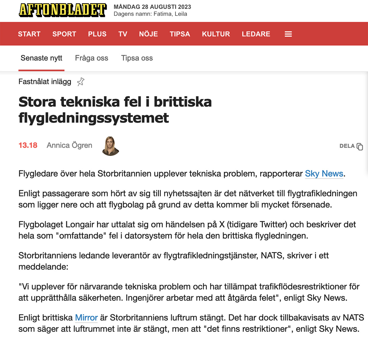 Skärmdump Aftonbladet 28 augusti 2023