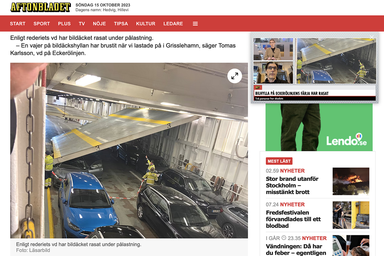 Skärmdump Aftonbladet rapportering olycka MS Eckerö