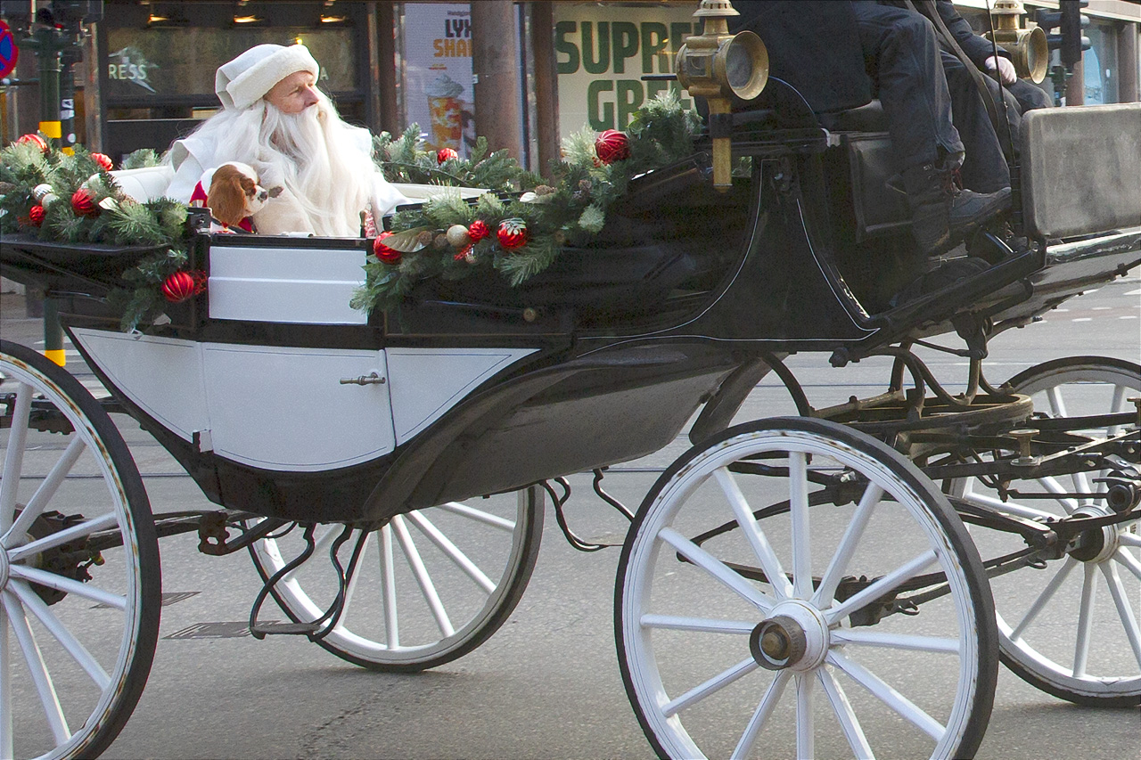 Kelly och jultomten på väg mot NK i häst och vagn.