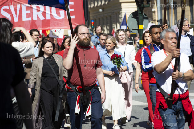 Socialdemokraternas partiledare Magdalena Andersson i F&ouml;rsta maj demonstrationst&aring;g p&aring; Engelbrektsgatan.