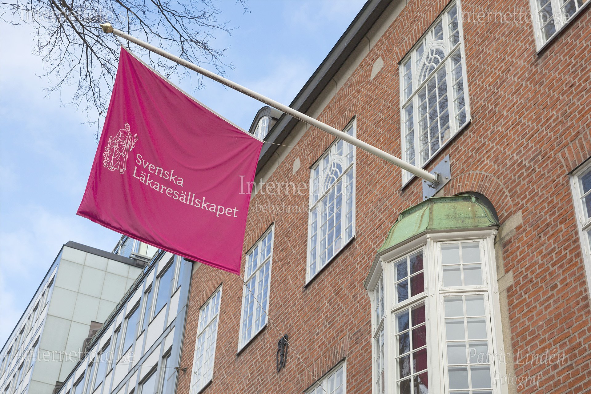 Rosa fasadflagga med texten Svenska Läkaresällskapet monterad på fasadflaggstång vid entrén till Svenska Läkaresällskapets byggnad på Klara Östra Kyrkogata i Stockholm.