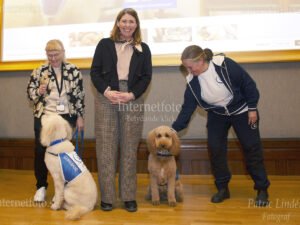 Sjukvårdsminister Elisabet Lann (KD) och sjukhushundarna Luna (Vit) Liona (brun) på scen vid 2:a Nordiska konferensen om Hundar i människans tjänst – Sjukhushund. 260317